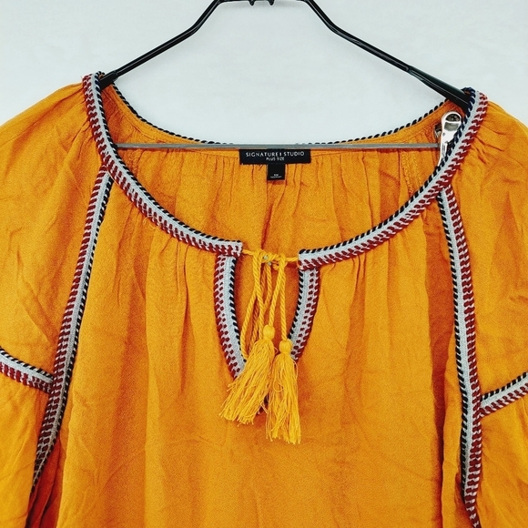 NEW Signature Studio Mustard Orange Boho Embroidered Peasant Loose Blouse P1983 - Picture 2 of 7